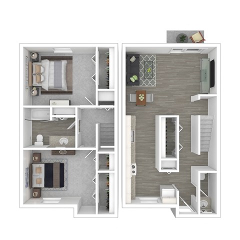 a stylized floor plan with a bedroom and a living room